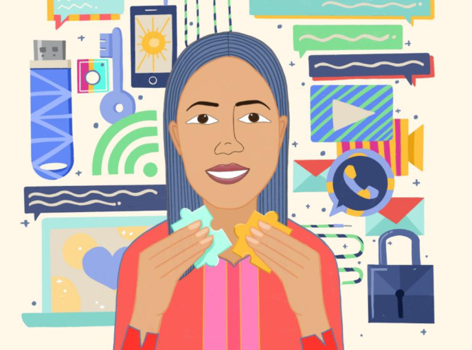 A Woman Holding Piecies of a Puzzle with technology themed icons behind her